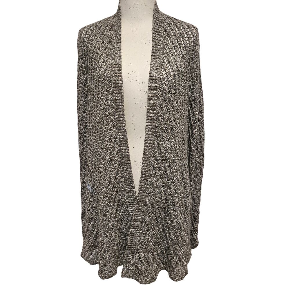 Eileen Fisher Large Grey Textured Cotton Open Front Long Cardigan Chevron Back